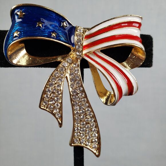 Red White & Blue Enamel Striped Gold Bow Rhinestones and Gold Stars Brooch - Picture 8 of 16